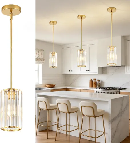 Miniatura 8 de 1 Pack Crystal Pendant Lights Kitchen Island,Modern Gold Pendant Light Fixtures,Adjustable Hanging Lighting for Kitchen Island Dining Room Bar Foyer