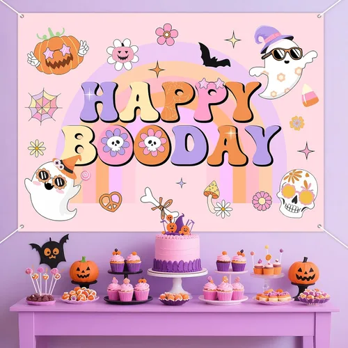 Miniatura 3 de Groovy - Decoración de fiesta de cumpleaños de Halloween, 7 x 5 pies, pancarta de fondo de feliz día de abucheo para niña, decoración bohemia arco