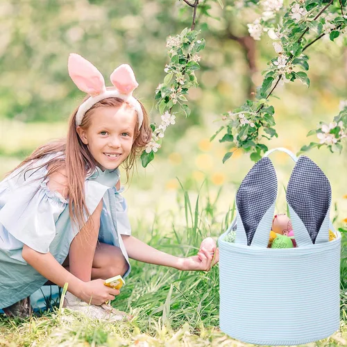 Miniatura 6 de Cesta de Pascua de sirsaca para niños con lindas orejas de conejo a rayas, regalos de almacenamiento de caramelos, regalos personalizados