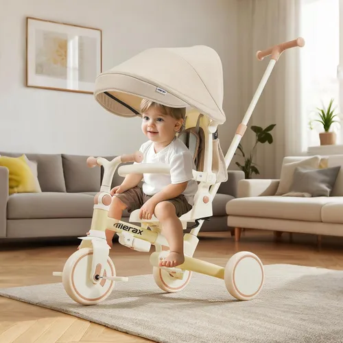 Miniatura 2 de Cochecito de triciclo de bebé 7 en 1 para niños pequeños de 1 a 6 años con mango de empuje ajustable, asiento giratorio, toldo retráctil Amarillo