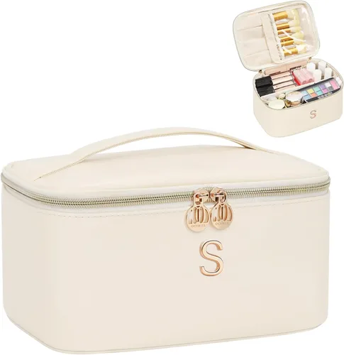 Miniatura 39 de OCHEAL Bolsa de maquillaje personalizada, bolsa de maquillaje beige para mujer, kit de aseo de viaje con monograma, organizador de cosméticos listo
