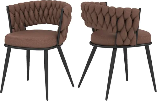 Miniatura 31 de Juego de 2 sillas de comedor tejidas, modernas sillas de comedor tejidas a mano con patas de metal negro, sillas tapizadas con marco negro