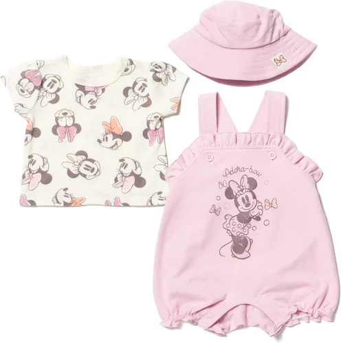 Disney Overol corto de rizo francés para niñas jóvenes, camiseta y sombrero, traje de 3 piezas, tallas de recién nacido a bebé (0-24 meses)