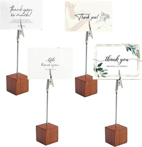 Miniatura 4 de 10PCS Brown Wooden Cube Base Memo Clip Holders, Alligator Clip Stands for Table Numbers, Place Cards, Photos and Wedding Decorations