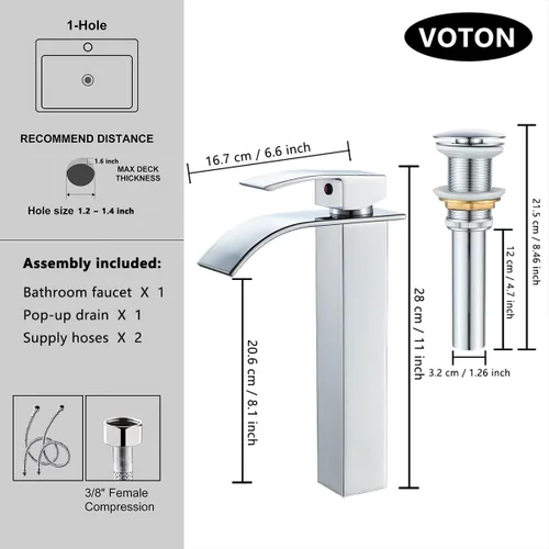 Miniatura 2 de VOTON - Grifo de lavabo cromado moderno alto en cascada para fregadero de baño con desagüe emergente, grifo de baño de una sola manija de un Cromo