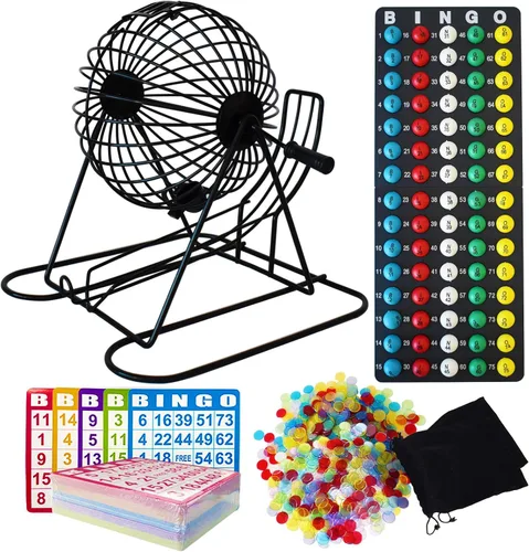 Yuanhe Juego de bingo Jumbo – Jaula redonda de metal de 11 pulgadas, 75 bolas de colores, 100 tarjetas de bingo, 500 fichas mixtas y tablero maestro