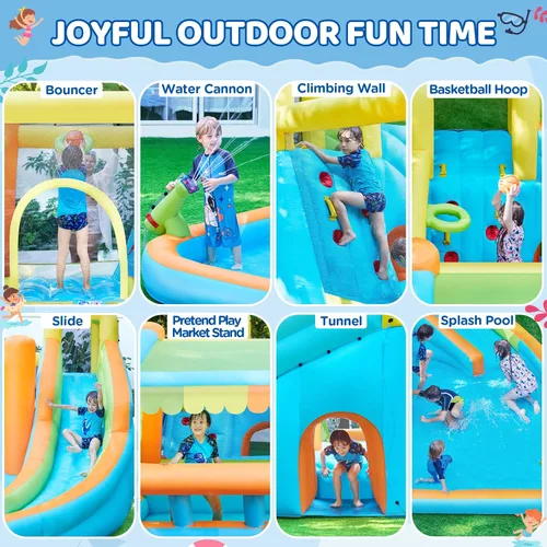 Miniatura 5 de Yaheetech - Castillo inflable de rebote para niños de 3 a 10 años W/ Splash Pool, Toy Market Stand, Bouncer Area, Slide, Climbing Wall, Storage
