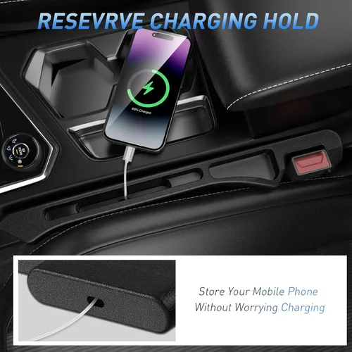 Miniatura 4 de Relleno para Huecos de Asiento de Carro Paquete de 2, Se Inserta Entre Asientos y Consola con Almacenamiento Organizador, Soporte de Teléfono