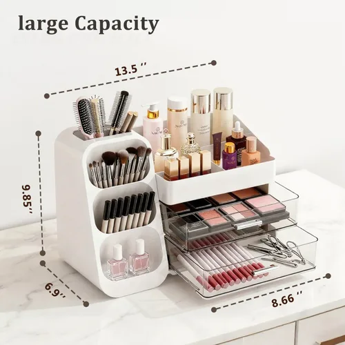 Miniatura 3 de Organizador de maquillaje con soporte para brochas para tocador, espaciosa vitrina de cosméticos con 2 cajones, el organizador de tocador de baño