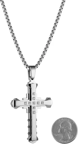Miniatura 6 de HZMAN Religion - Collar con colgante de cruz de circonita cúbica de acero inoxidable bizantino grande para hombre, cadena de 22 + 2 pulgadas
