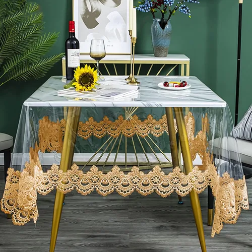 Miniatura 15 de Mantel redondo de plástico transparente, impermeable, de vinilo, PVC, bordado, borde de encaje, transparente, para cocina, uso en exteriores e