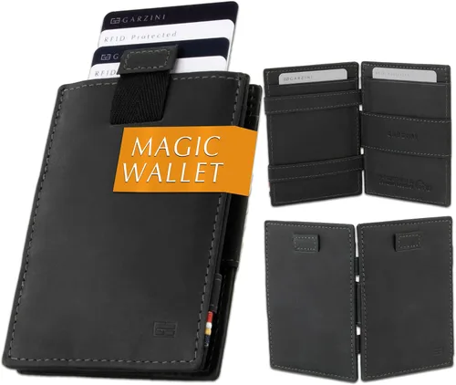 Miniatura 11 de GARZINI Cartera mágica con tirador, cartera minimalista con tarjetero RFID, cartera de cuero para 12 tarjetas, 07 Negro cepillado, Minimalista