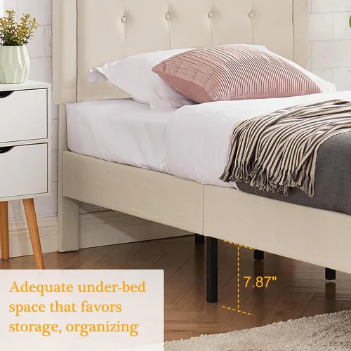Miniatura 9 de VECELO Base de cama de plataforma de tamaño individual con cabecera tapizada de tela y soporte de listones de madera, no necesita somier/fácil Beige