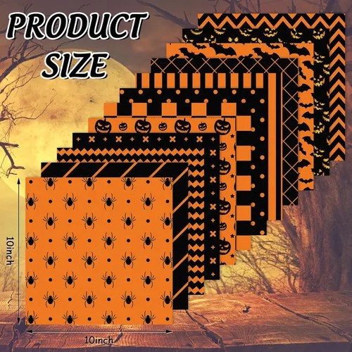 Miniatura 2 de Whaline 12 paquetes de tela de algodón de Halloween de 10 x 10 pulgadas, araña, calabaza, murciélago, rayas, cuadros, cuadrados, naranja y negro