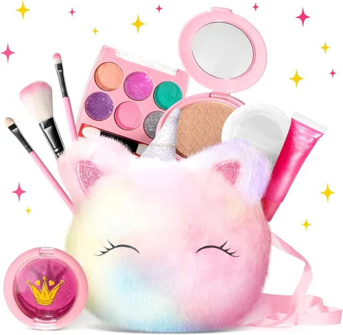Miniatura 9 de ULOVEME Kit de maquillaje real para niñas con bolso esponjoso, juguete de maquillaje real, no tóxico, lavable, juguetes de Umicorn, regalo