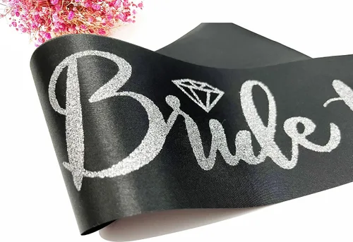Miniatura 4 de Bride to Be - Banda de satén negro con letras plateadas con purpurina plateada, banda para despedida de soltera, boda, fiesta, recuerdos