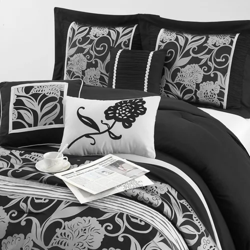 Miniatura 3 de Grand Avenue Juego de edredón negro plateado tamaño Queen, juego de ropa de cama jacquard floral de 7 piezas, para todas las estaciones, ultrasuave