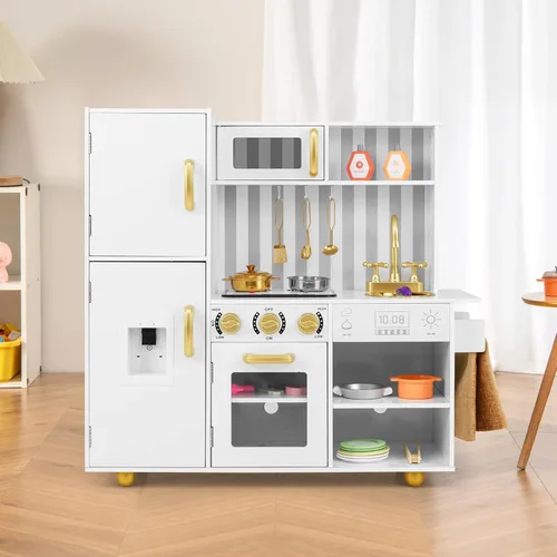Miniatura 7 de INFANS Juego de cocina para niños, juego de cocina de madera con luz y sonido realistas, estufa, fregadero, microondas, armario de almacenamiento