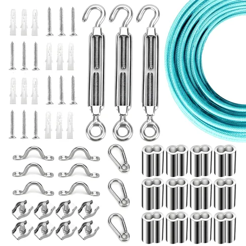 Miniatura 10 de Kit de suspensión de luces de cuerda de globo, cable guía de luz para exteriores, cable de acero inoxidable recubierto de vinilo, incluye 50 pies