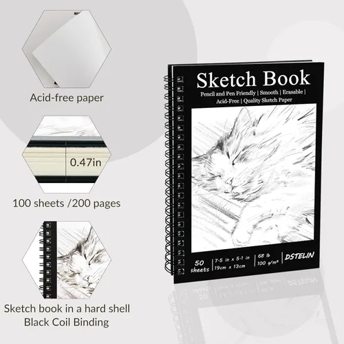 Miniatura 3 de DSTELIN Paquete de 2 cuadernos de bocetos encuadernados en espiral (papel de dibujo de 3.53 oz/m²), 50 hojas por paquete, cuaderno de bocetos de 7.5