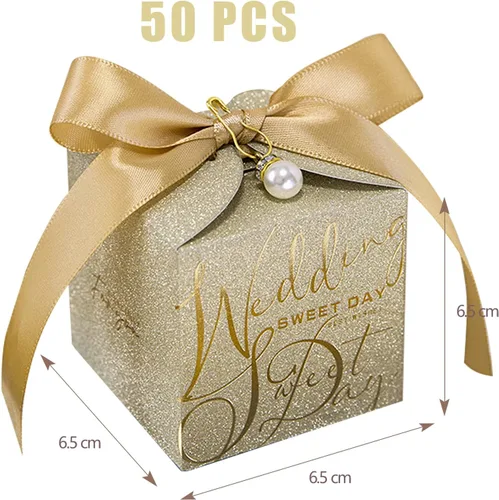Miniatura 2 de STARSUP - 50 cajas de regalo de boda, caja de regalo de dulces dorados, caja de papel con cinta y pin de perlas para decoración de boda, regalo