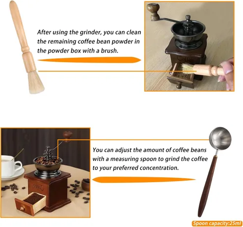 Miniatura 4 de Molinillo de café hecho a mano de madera de estilo retro, manivela de cerámica, cepillo de limpieza de molinillo de café hecho a mano, cuchara