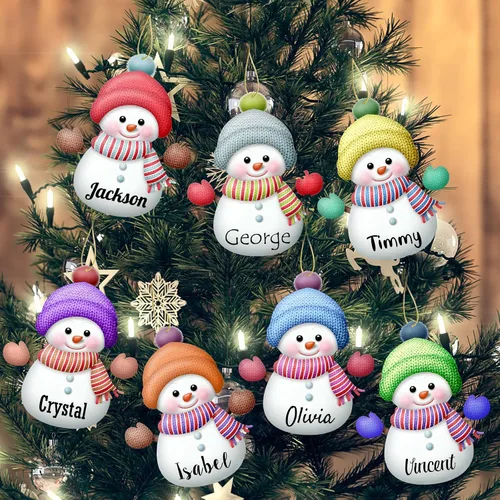 Miniatura 12 de Adornos de Navidad personalizados de muñeco de nieve, juego de adornos de Navidad de madera personalizados con nombres, decoraciones para colgar