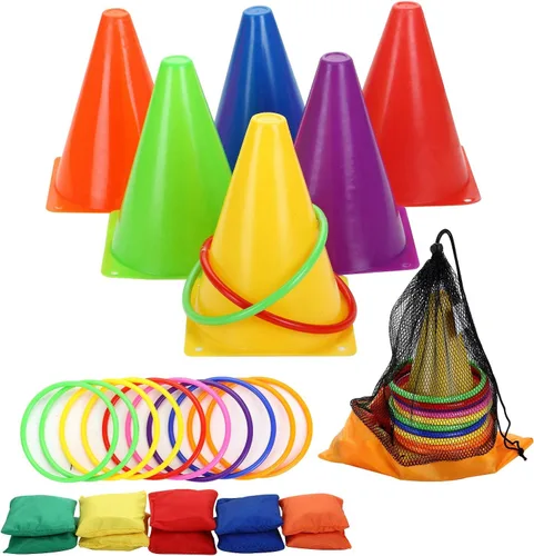 Win SPORTS Juego de carnaval 3 en 1 para exteriores, conos de plástico suave, bolsas de frijoles de Cornhole, juego de lanzamiento de anillo,