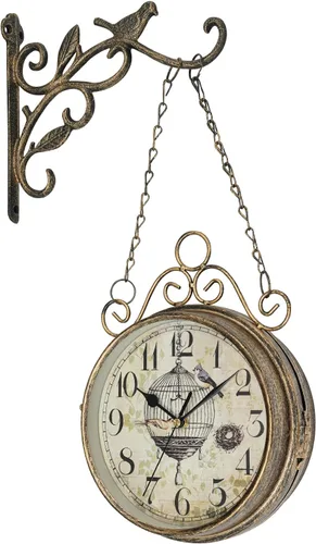 Reloj de pared vintage de doble cara - Reloj colgante silencioso decorativo con soporte adornado (bronce)