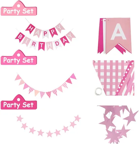Miniatura 4 de Decoraciones de fiesta de cumpleaños rosa, decoración rosa claro y blanco con pancarta de feliz cumpleaños, flores de pompones de tela, globos rosa