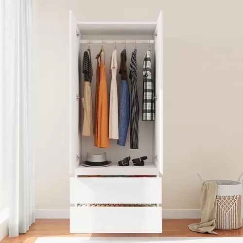 Miniatura 7 de Armario de madera con 2 puertas, armario de dormitorio de 79 pulgadas con 2 cajones, armario para ropa con barra para colgar y estantes, armarios
