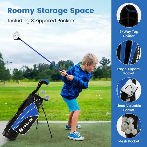 Miniatura 5 de Juego de palos de golf junior Tangkula para niños diestros, incluye madera de fairway #3 y hierros #7/#9, putter, funda para la cabeza y capucha Azul