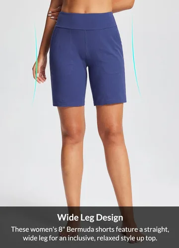 Miniatura 4 de BALEAF Bermudas de 8 pulgadas para mujer, pantalones cortos deportivos largos de algodón, con control de abdomen, estilo casual, para descansar