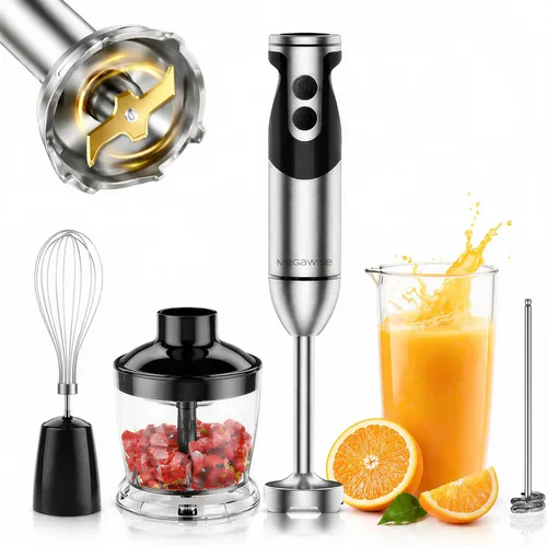 MEGAWISE Pro Batidora de Mano de Inmersión Reforzada con Titanio 5 en 1, Potente Motor con Cuchillas 80% Más Filosas, Batidora con Cable de 12