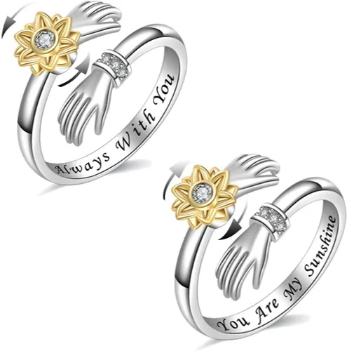 Miniatura 4 de Anillo de plata giratorio de girasol ajustable con diamantes y simple banda para abrazar a dos manos