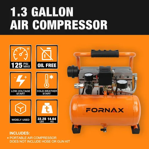 Miniatura 5 de FORNAX Compresor de aire ultra silencioso, 1.3 galones, 1 HP, 65 dB compresor portátil silencioso sin aceite, 125 PSI máximo, 120 V, para inflar