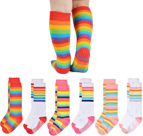 EPEIUS Calcetines altos hasta la rodilla con rayas de arco iris para bebé, calcetines de tubo antideslizantes para uniforme de fútbol para niños