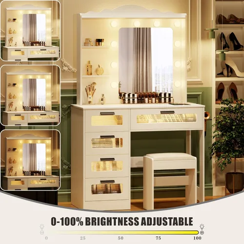 Miniatura 4 de HWB Escritorio de maquillaje con espejo y luces, mesa de tocador con 5 cajones y 2 estantes, juego de tocador para dormitorio, tocador con 10