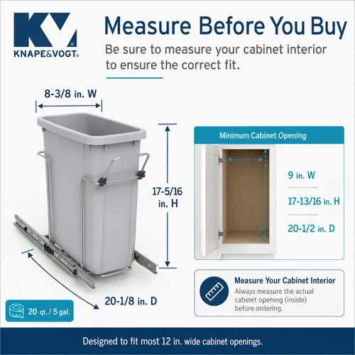 Miniatura 3 de Knape & Vogt SCB9-1-20PT Bote de basura extraíble individual de montaje inferior en gabinete de 8.375 pulgadas x 20.125 pulgadas x 17.313 pulgadas