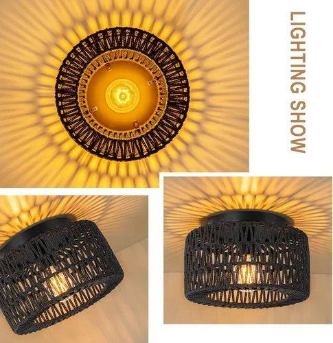 Miniatura 4 de SineRise Lámparas de techo de ratán (30 cm, bombilla LED incluida), lámpara de techo de montaje empotrado tejida a mano estilo bohemio, lámpara