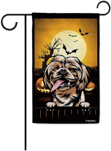 Miniatura 20 de Bandera de jardín de calabaza de Feliz Halloween Jack O'Lantern con perro Rhodesian Ridgeback Halloween Bat Boo Bandera decorativa para patio al