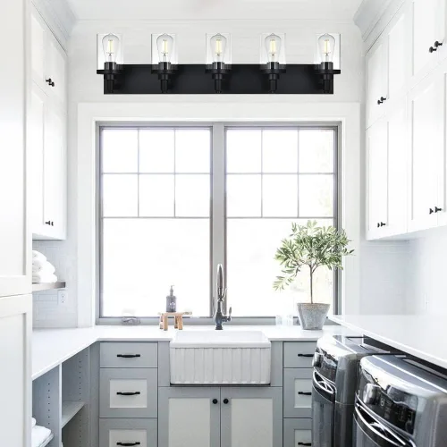 Miniatura 3 de Lámpara de tocador moderna negra para baño, 5 luces de baño, sobre espejo con pantalla de vidrio transparente, lámpara de montaje en pared, luces