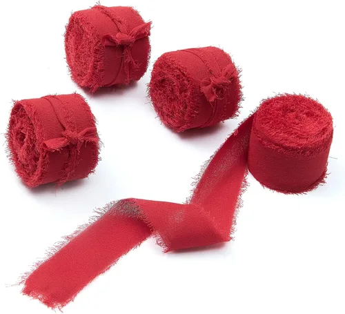 Miniatura 44 de 4 rollos de cinta de gasa de gasa con flecos de 1 pulgadas de ancho x 5 yardas, color rojo óxido, bordes deshilachados para invitaciones de boda