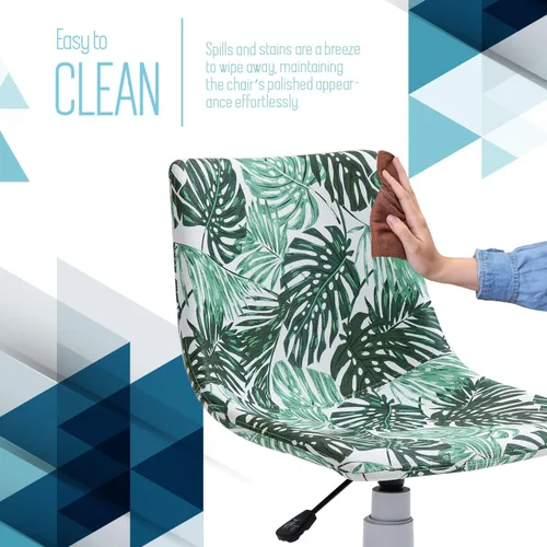 Miniatura 8 de Silla de escritorio de oficina sin brazos en vinilo con estampado de hojas de plátano (blanco) – Silla ergonómica de respaldo medio con ruedas, sin