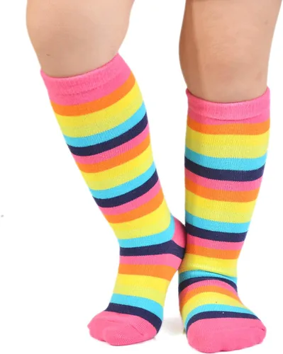 Miniatura 12 de EPEIUS Calcetines altos hasta la rodilla con rayas de arco iris para bebé, calcetines de tubo antideslizantes para uniforme de fútbol para niños
