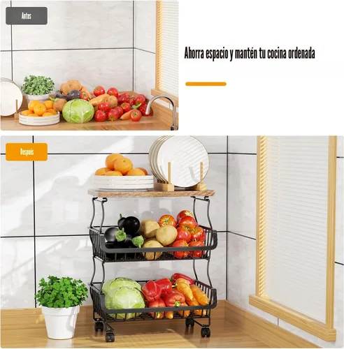Miniatura 5 de Gsiekare Cesta de frutas y verduras para cocina, cestas de almacenamiento de 4 niveles apilables con ruedas, cestas organizadoras de almacenamiento