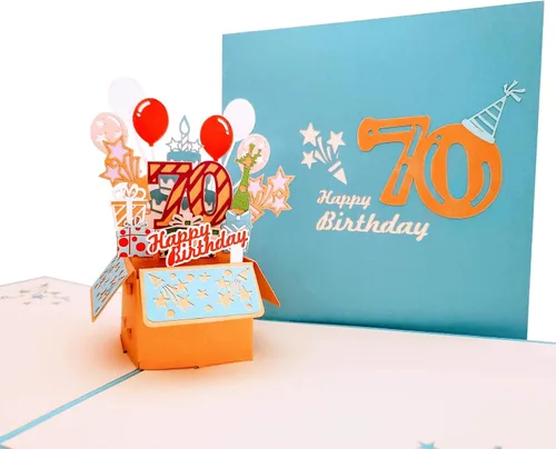 Miniatura 8 de iGifts And Cards Tarjeta desplegable 3D de 70 cumpleaños: caja de fiesta azul centro de mesa de champán - Saludo de hito para padres, abuelos