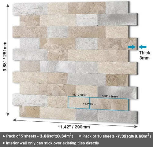 Miniatura 6 de BeNice Adhesivos para azulejos de cocina, ladrillo 3D mate, azulejos adhesivos de mosaico lineal para baño, ducha, pared, chimenea, entorno