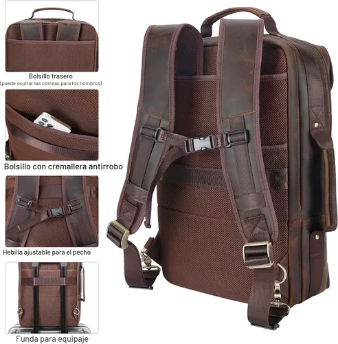 Miniatura 3 de TIDING Mochila para portátil de cuero de grano completo de 17.3 pulgadas para hombres, maletín de negocios convertible para fin de semana, bolsa