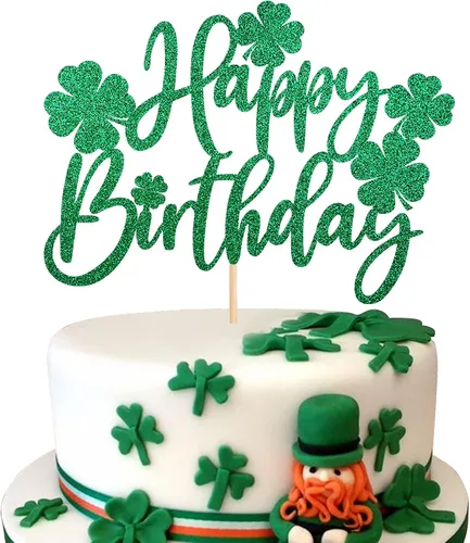 1 paquete de decoración para pastel de cumpleaños del día de San Patricio con purpurina verde de trébol de la suerte de cuatro hojas, trébol de la
